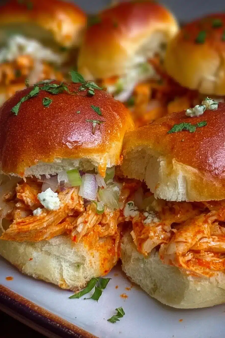 Buffalo Chicken Sliders served on a platter with dipping sauce
