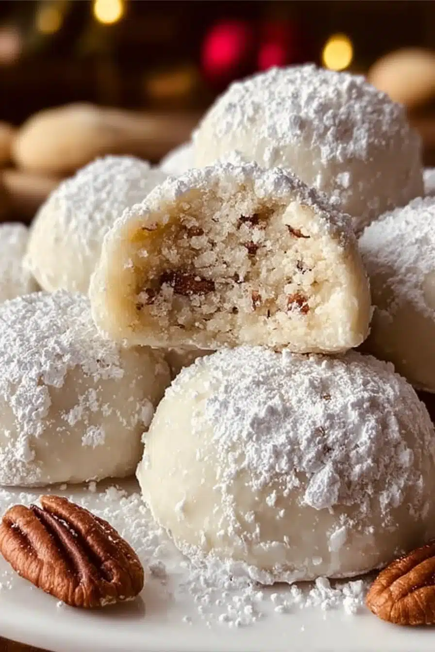Buttery pecan snowball cookies dusted with powdered sugar on a plate.