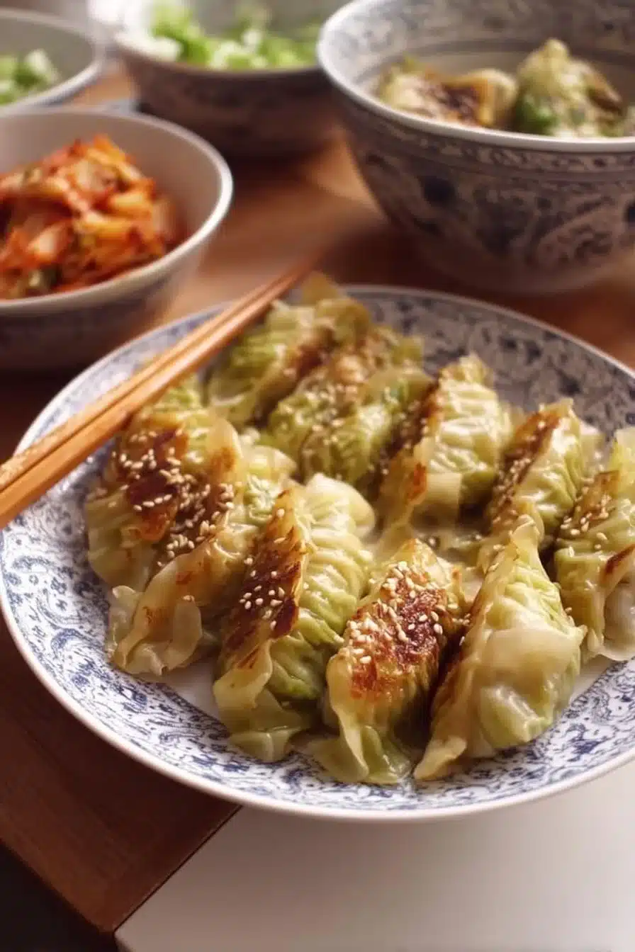Plate of tasty homemade cabbage dumplings served with sauce