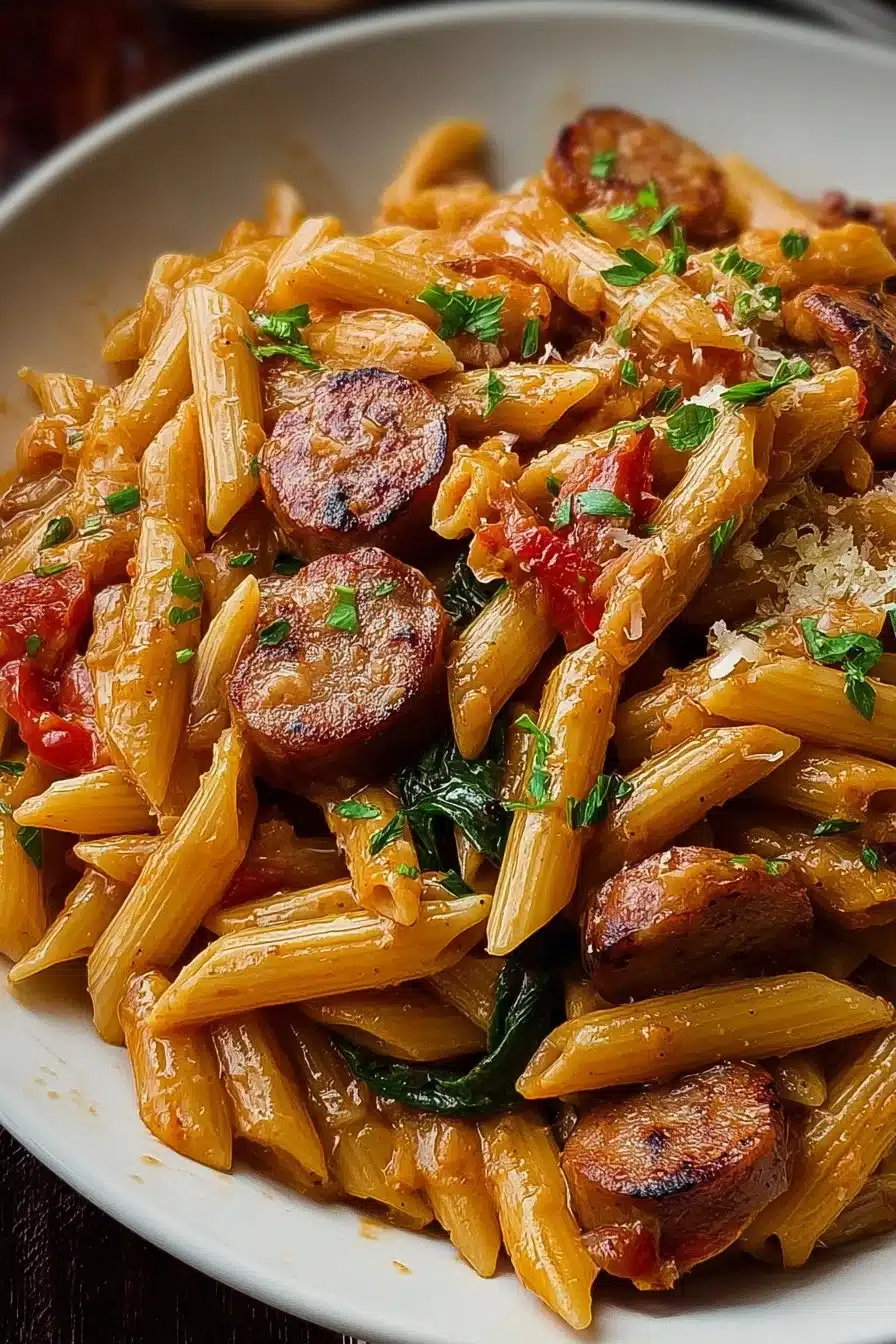 A plate of Cajun Sausage Pasta garnished with parsley and served with bread.