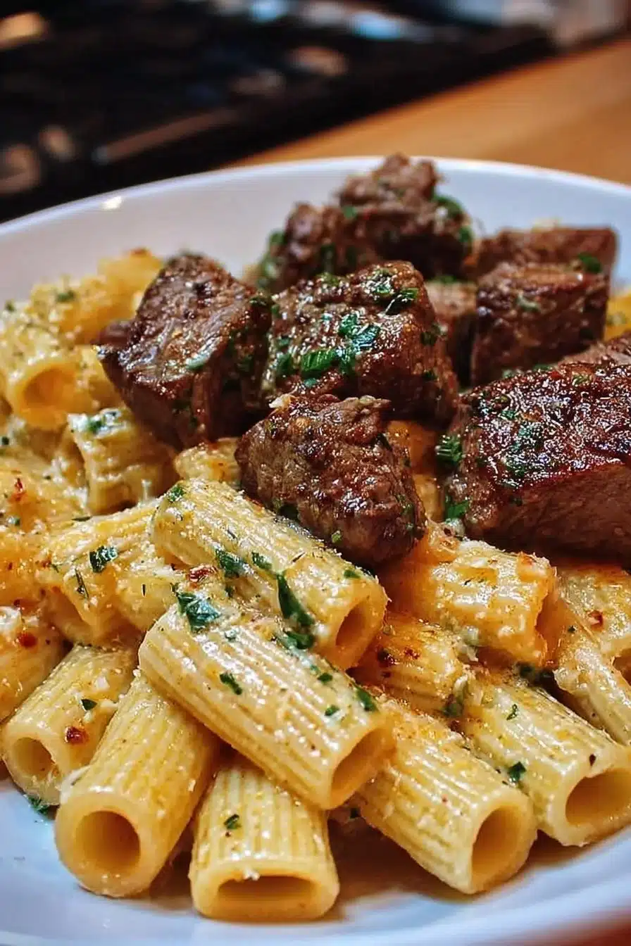 Cajun Steak Tips served with cheesy rigatoni on a plate
