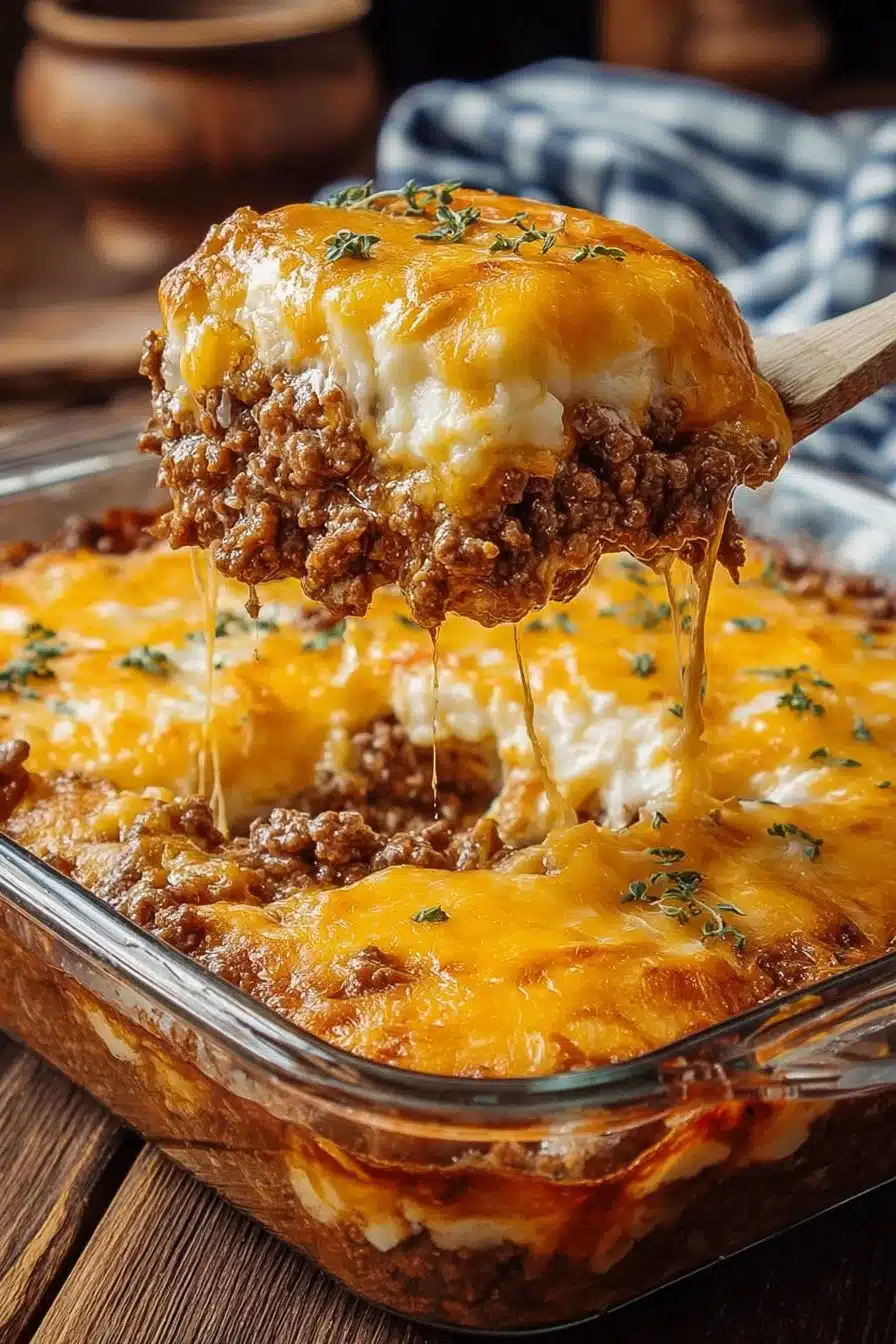 Comforting Cattle Drive Casserole dish with beef, beans, and cheese