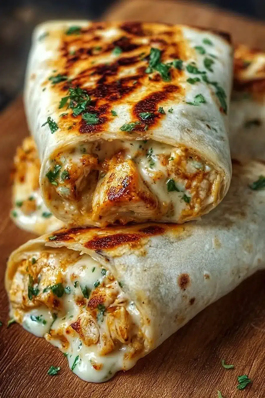 Cheesy Garlic Chicken Wraps served with a side of fresh vegetables