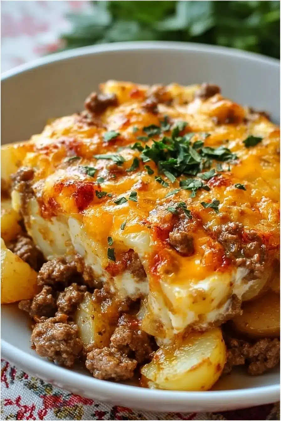 Cheesy Ground Beef and Potato Casserole served in a dish