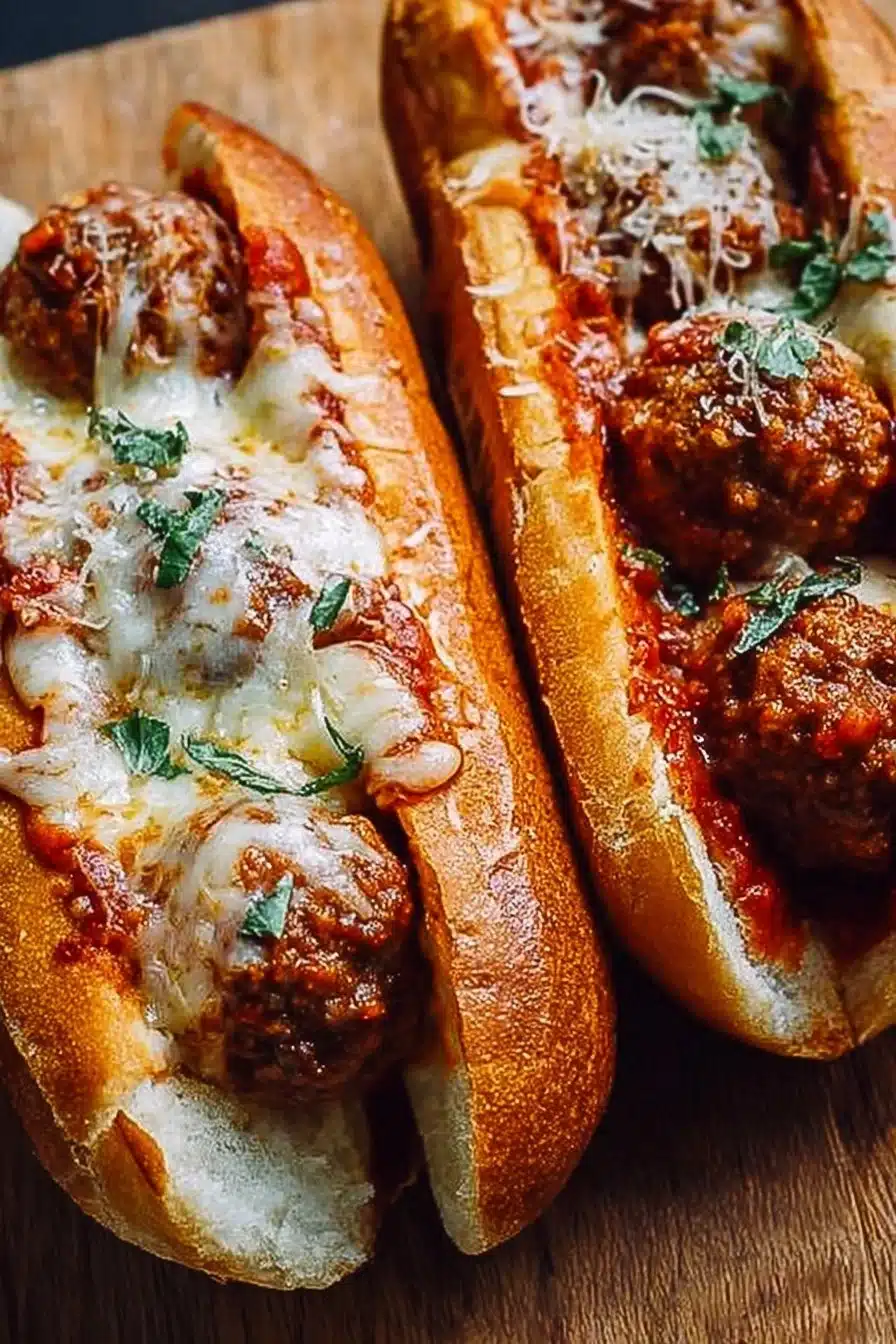 Cheesy meatball subs with melty cheese and savory meatballs on a toasted bun