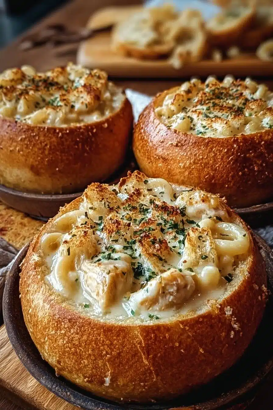 Chicken Alfredo Garlic Bread Bowls with creamy sauce and grilled chicken