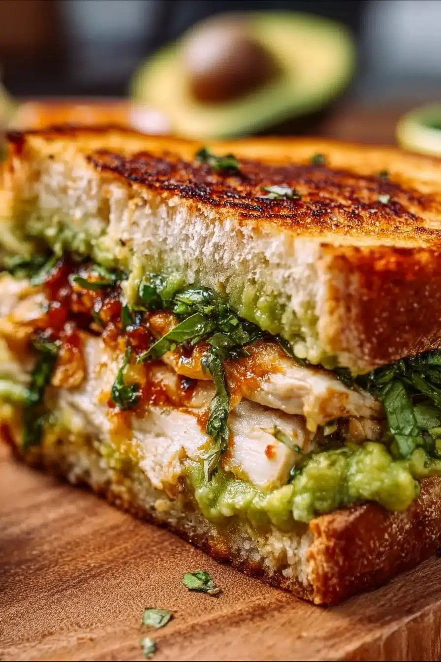Delicious Chicken Avocado Melt Sandwich with grilled chicken and fresh avocado.