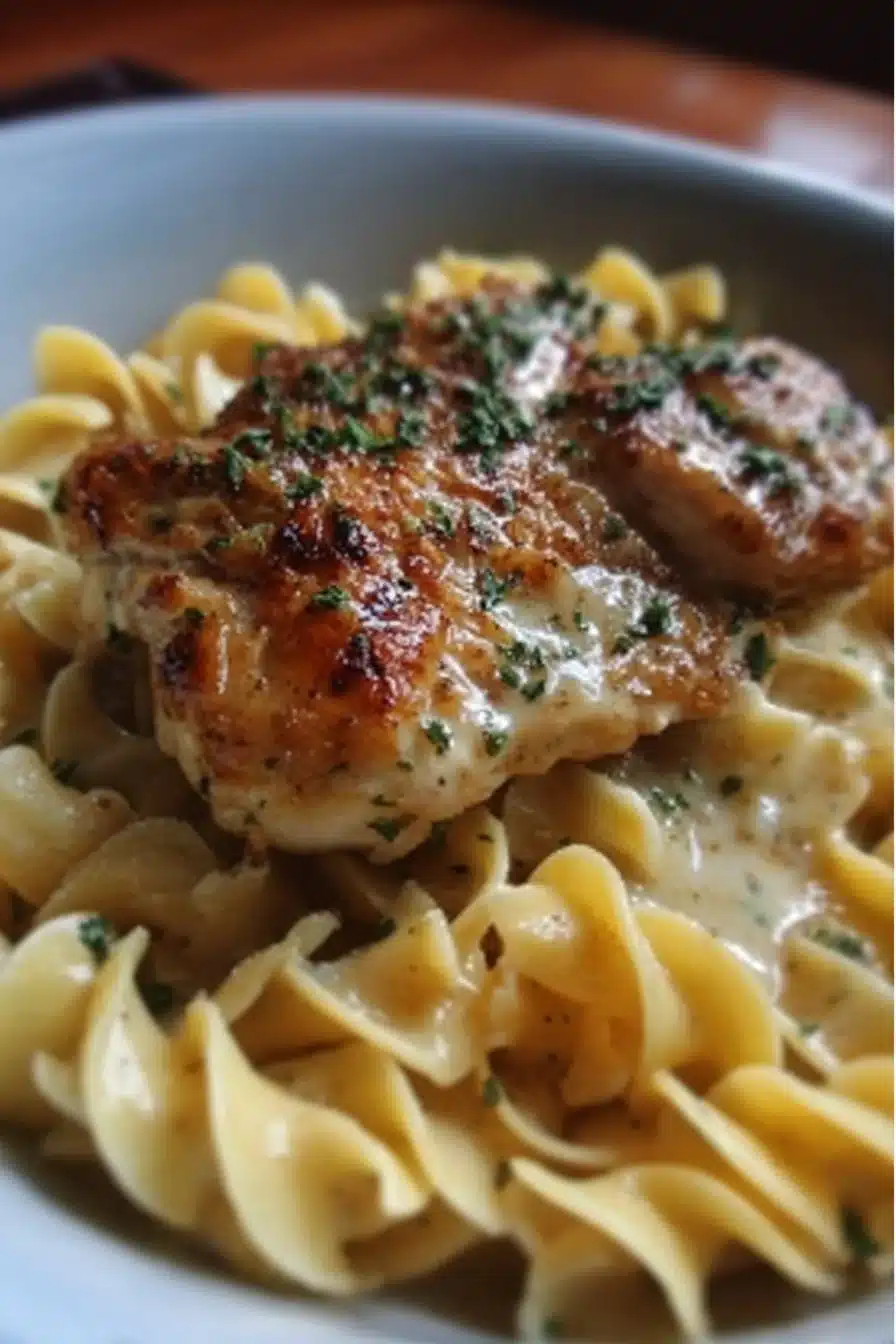 Delicious bowl of chicken and buttered noodles garnished with herbs