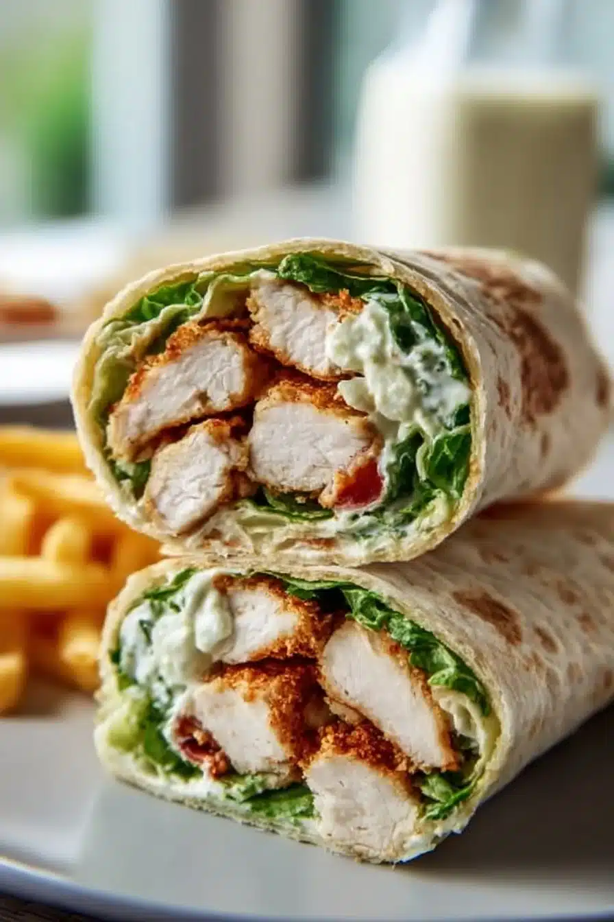 Delicious Chicken Caesar Wraps with chicken, romaine lettuce, and Caesar dressing