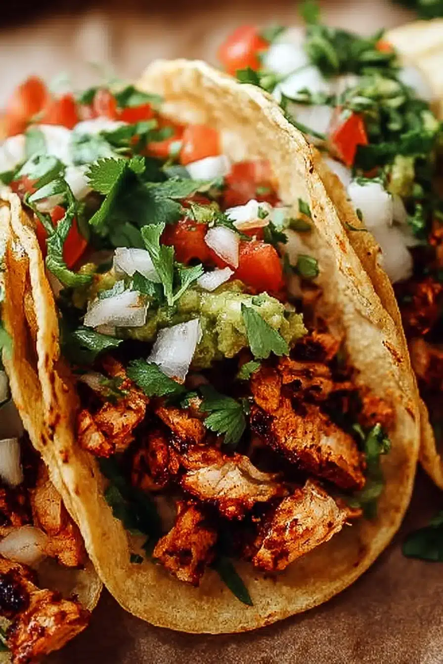 Delicious chicken tacos served with fresh toppings on a wooden table.