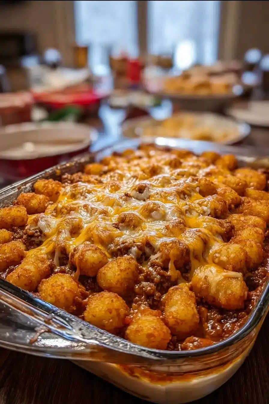 Chili Cheese Tater Tot Casserole baked to perfection with cheese and chili