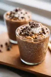 A bowl of chocolate peanut butter overnight oats topped with nuts and chocolate chips.