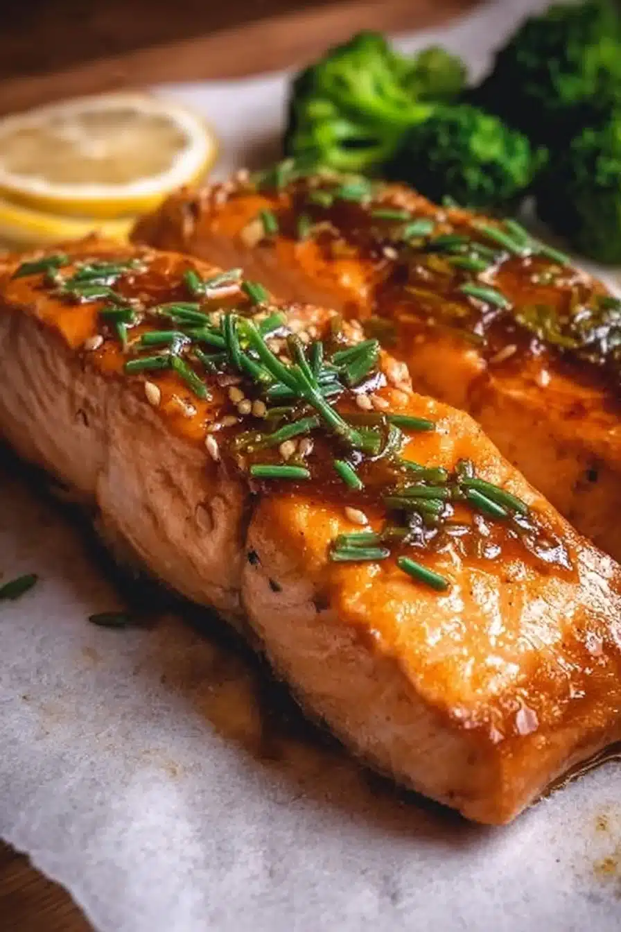 Classic baked salmon dish garnished with herbs and lemon