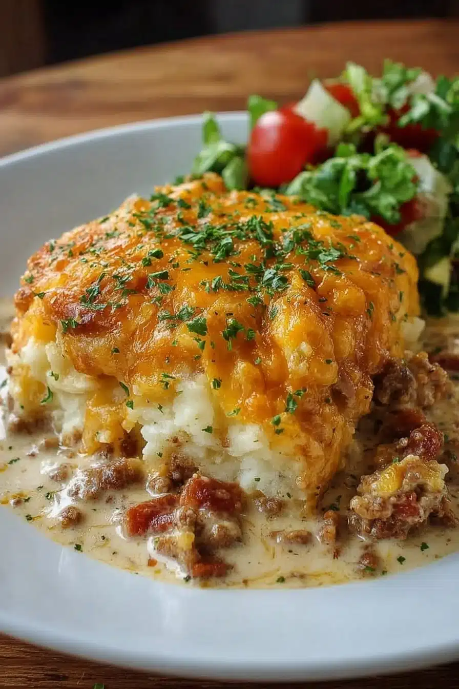 Delicious Cowboy Casserole with beef, beans, and cheese served in a baking dish.