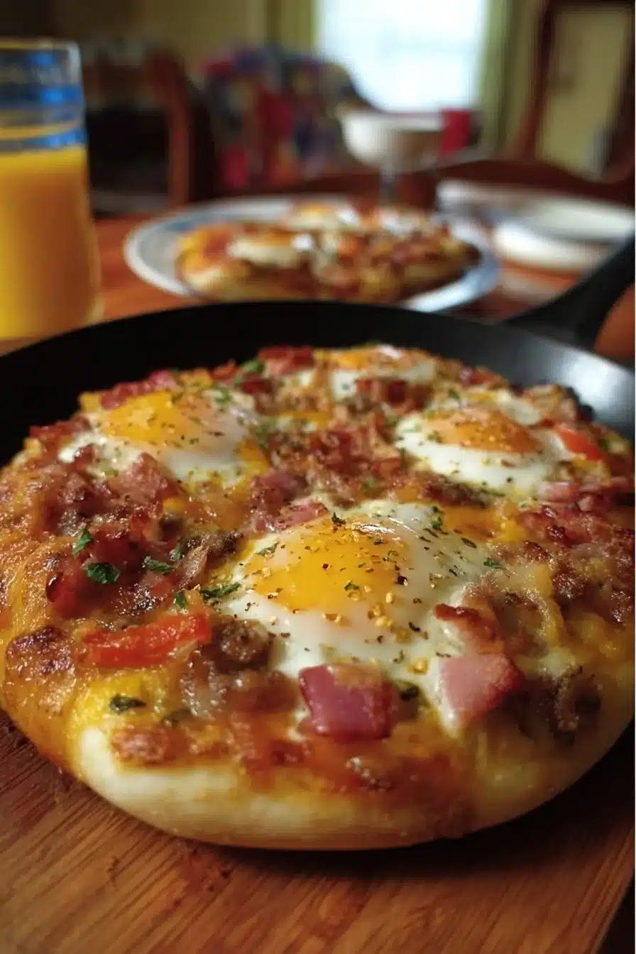 Delicious cozy breakfast pizza topped with eggs and fresh ingredients