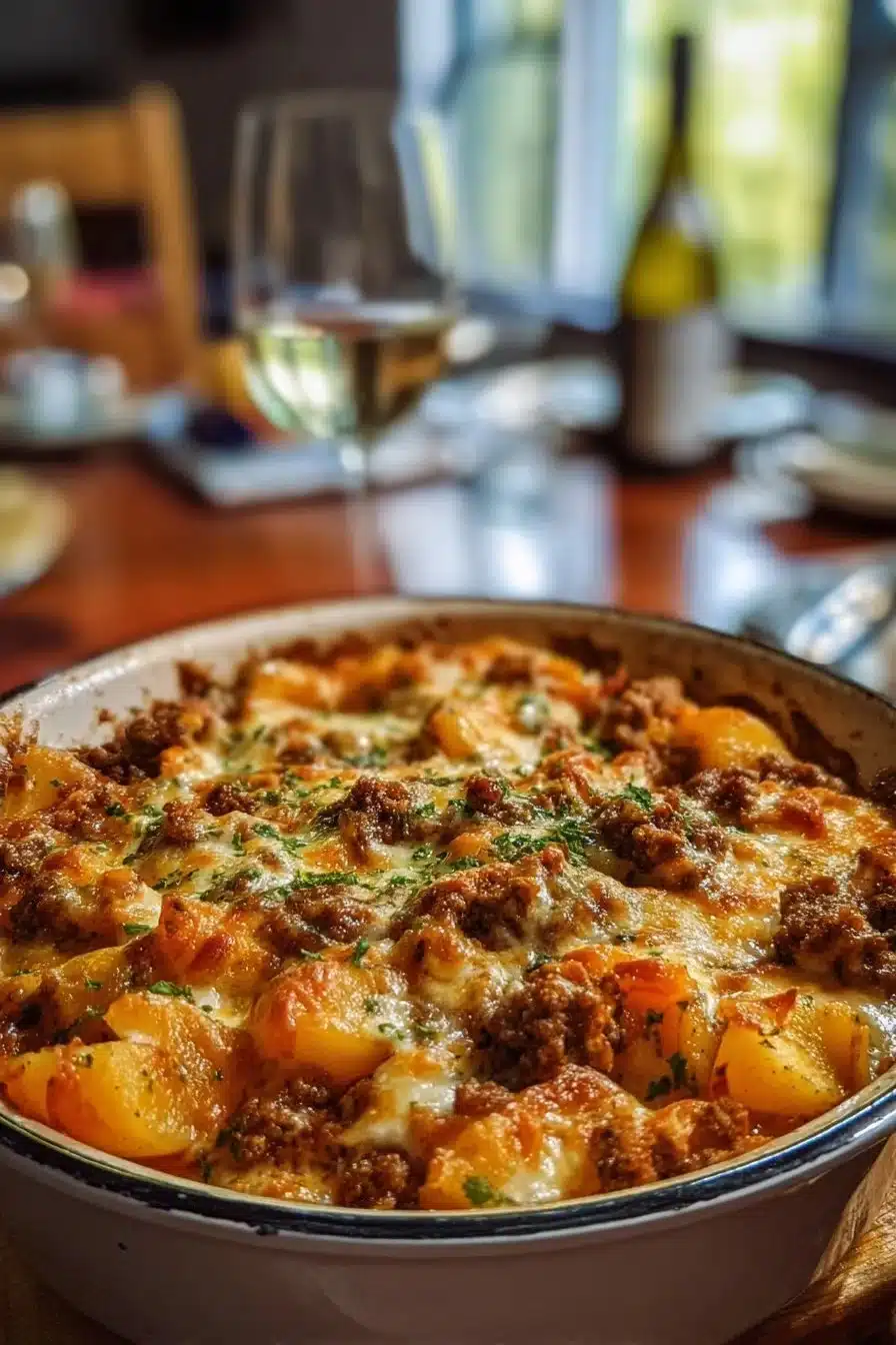 Delicious Cozy Hobo Casserole served in a rustic dish, ideal for family meals.