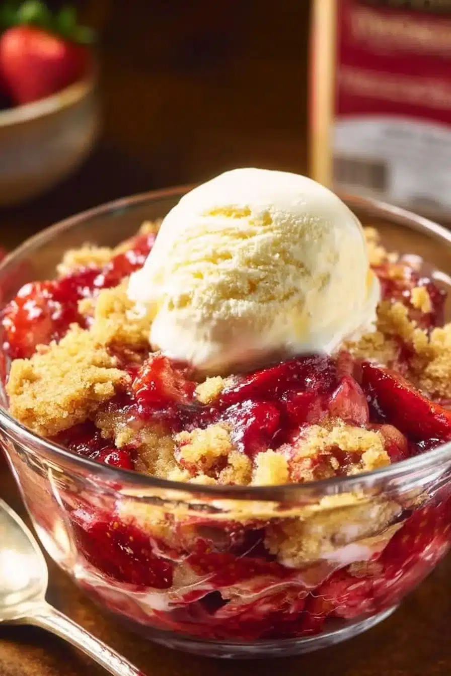 Cozy strawberry dump cake with fresh strawberries and crumble topping