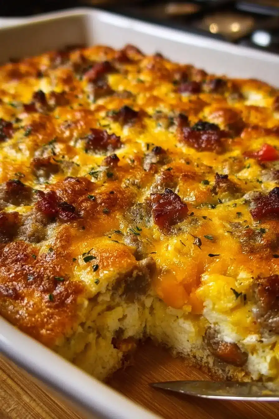 Delicious Crack Breakfast Casserole topped with cheese and herbs for a hearty meal.
