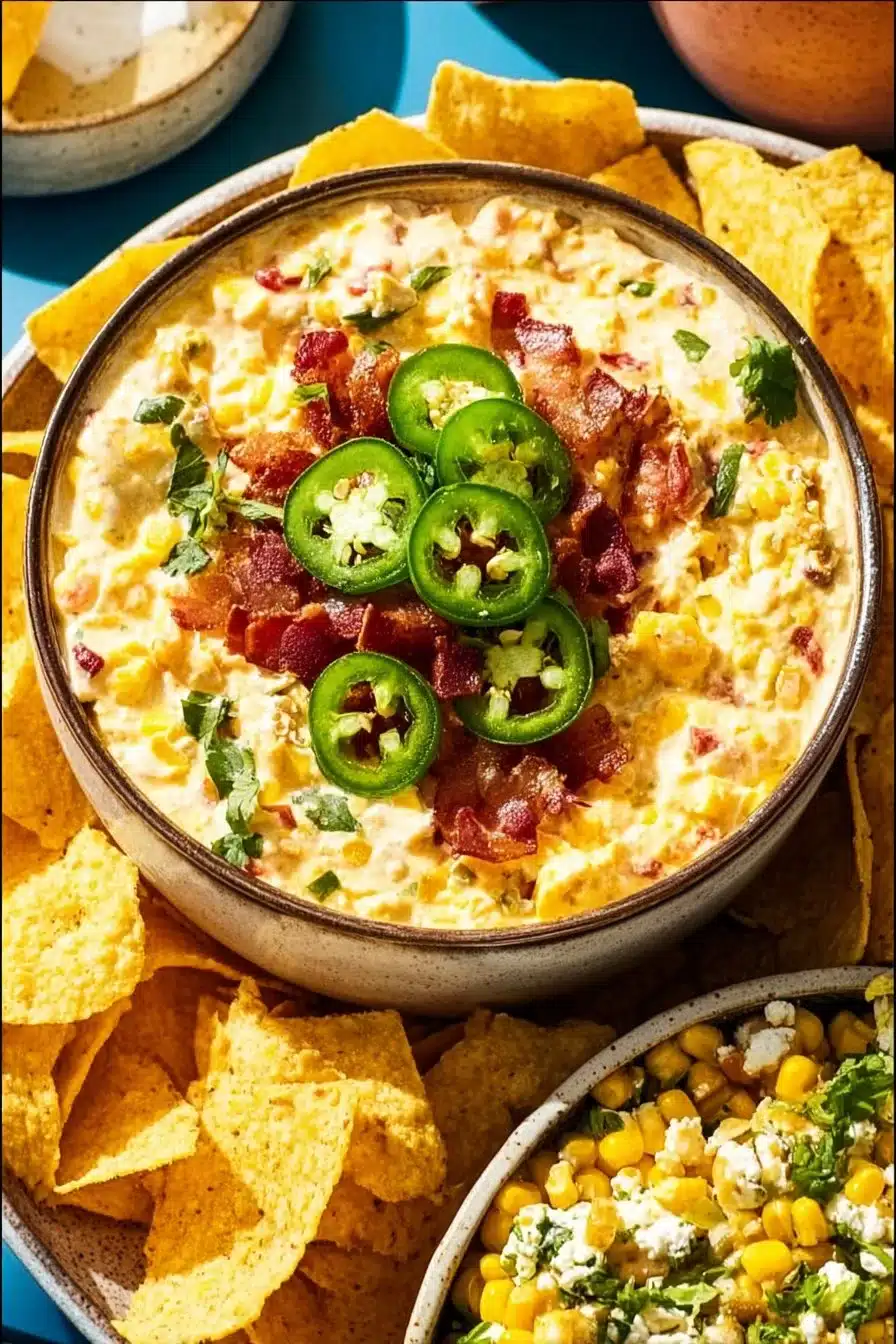 Delicious Crack Corn Dip served with tortilla chips.