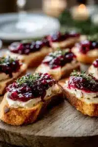 Cranberry and Brie Crostini topped with fresh herbs and cranberries