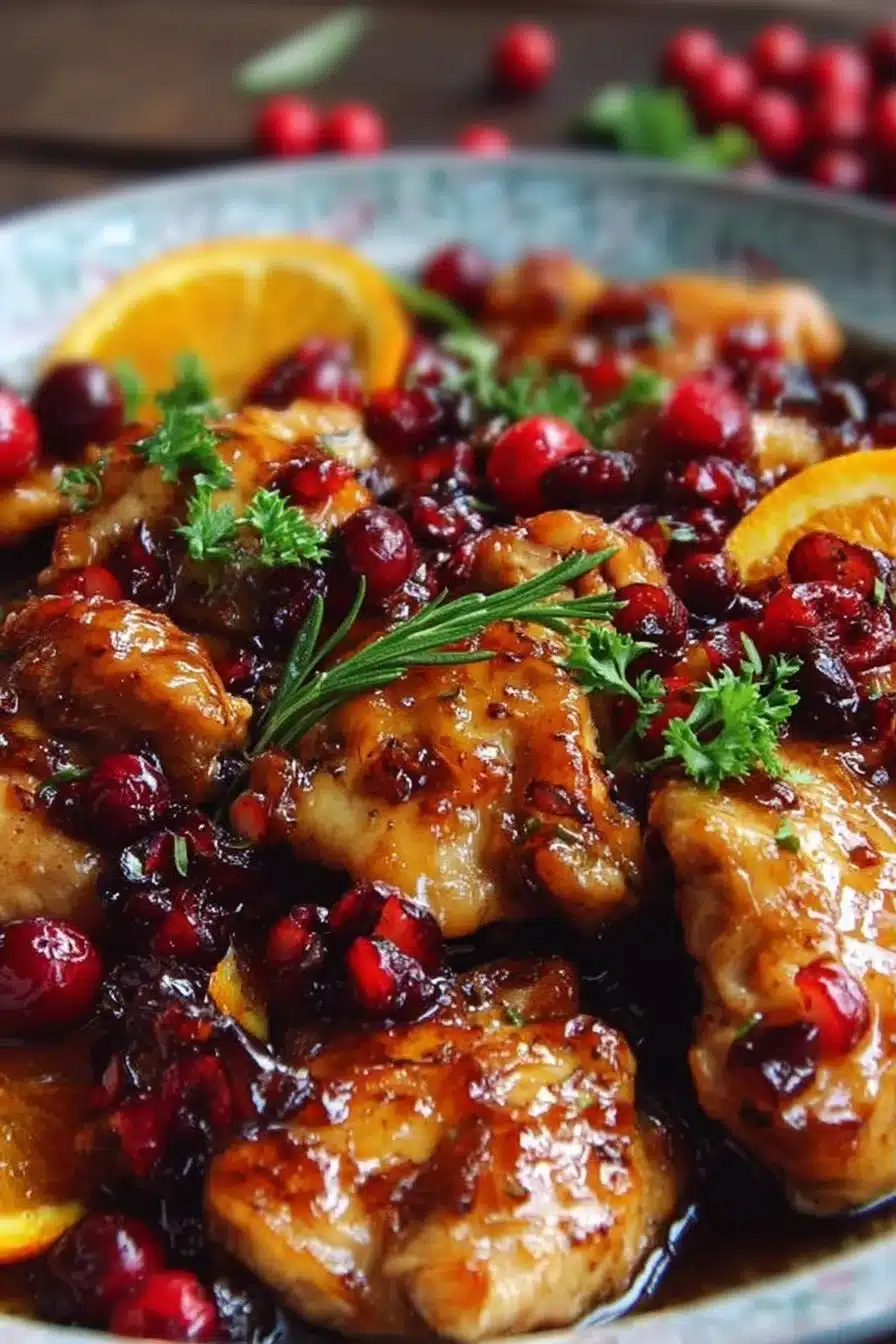Delicious cranberry orange chicken served with garnishes.