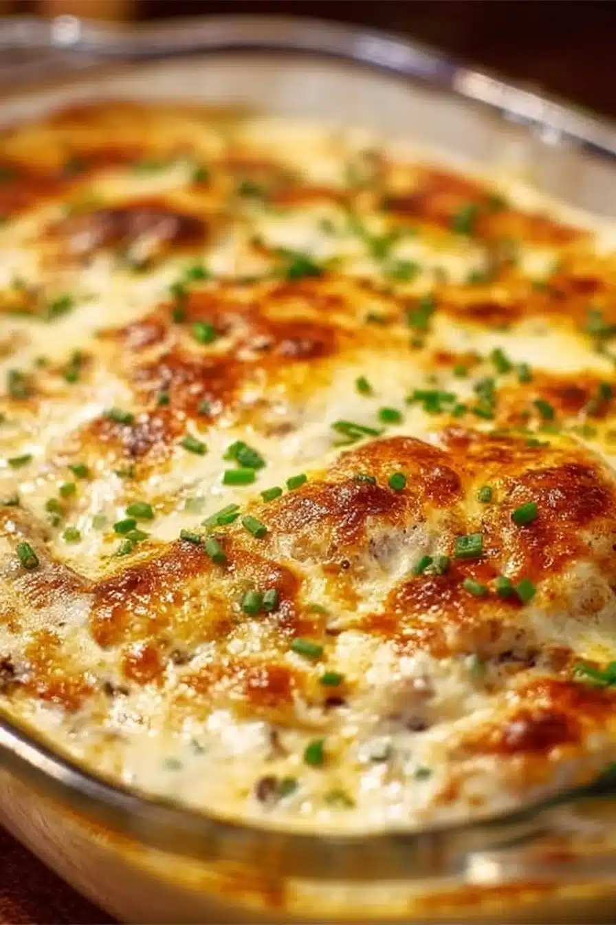 Creamy baked chicken breasts served with herbs and spices