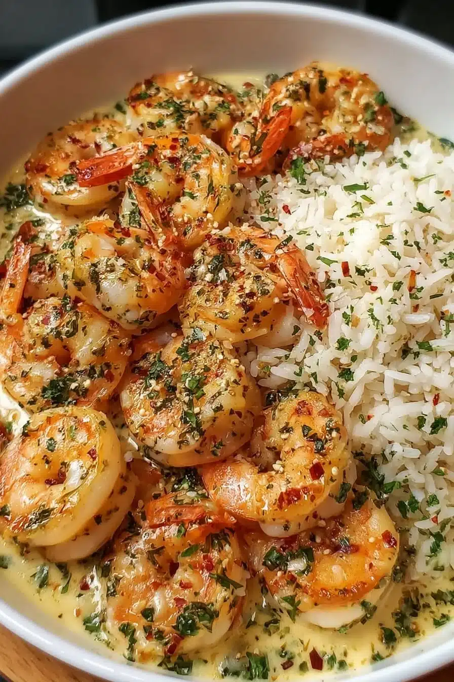 Creamy garlic butter shrimp served over rice in a bowl.