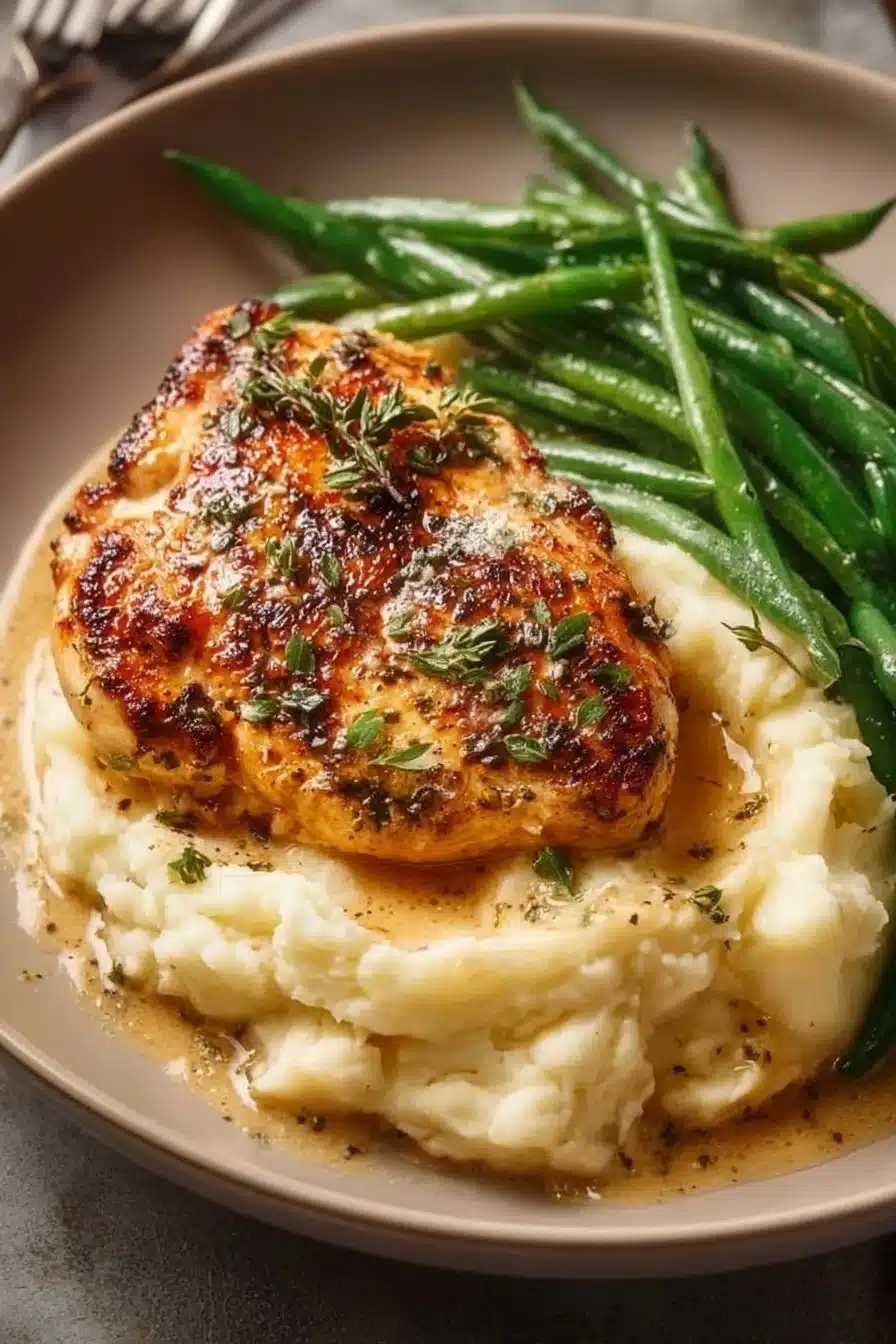 Creamy garlic parmesan chicken breast plated with herbs and parmesan cheese