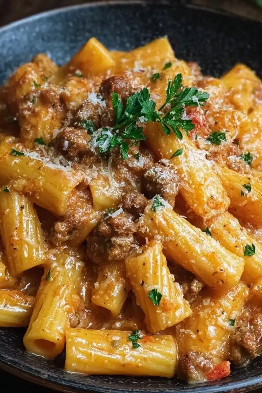 Creamy Italian sausage rigatoni topped with cheese and herbs in a bowl