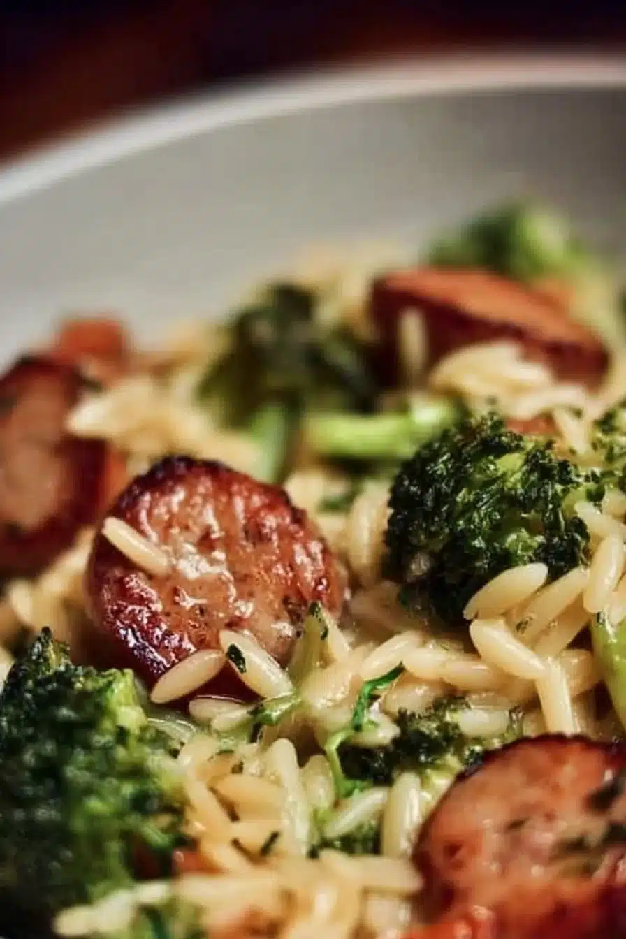 Delicious creamy orzo with chicken sausage and broccoli served in a bowl