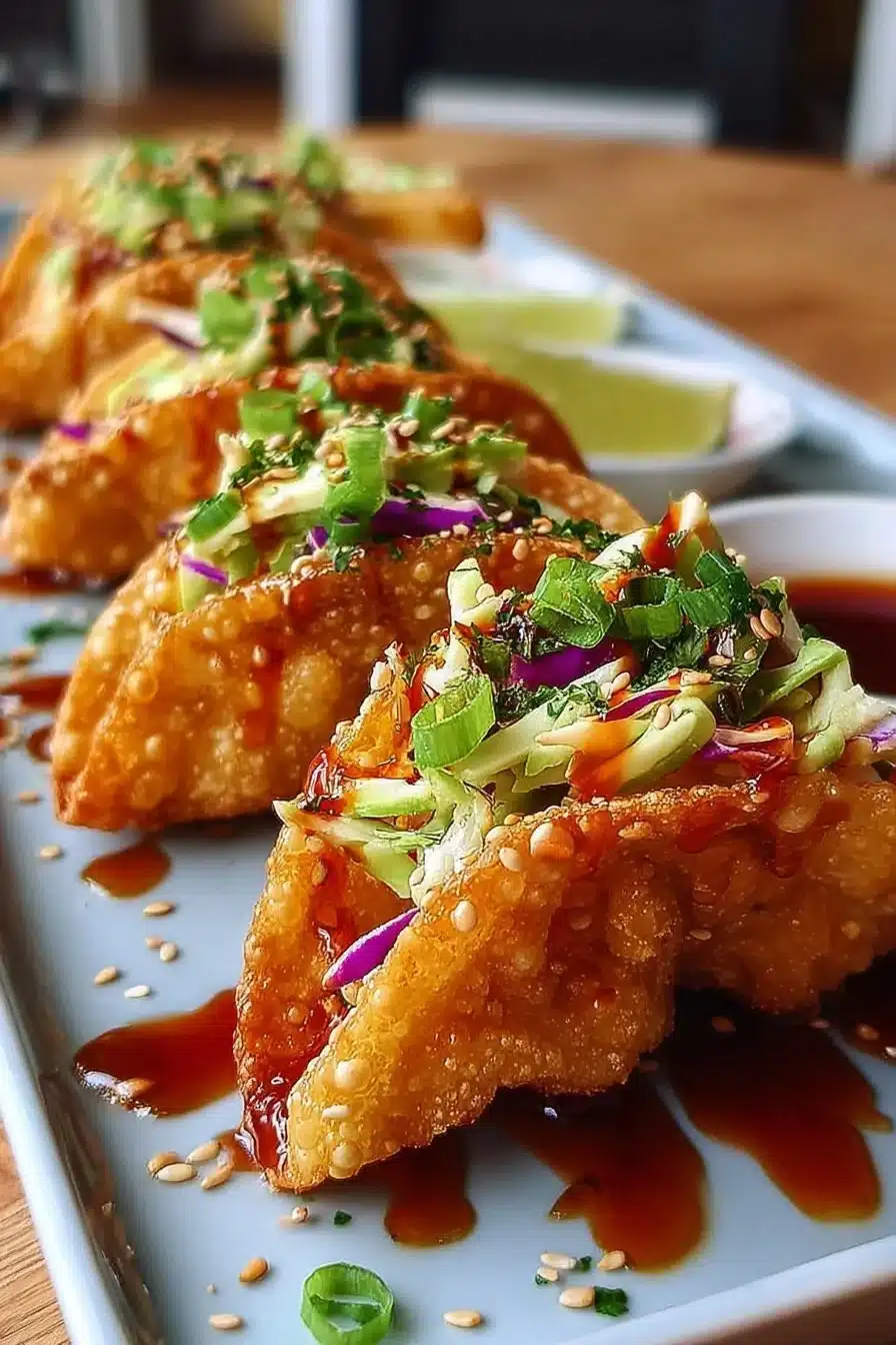 Delicious crispy chicken wonton tacos served on a plate