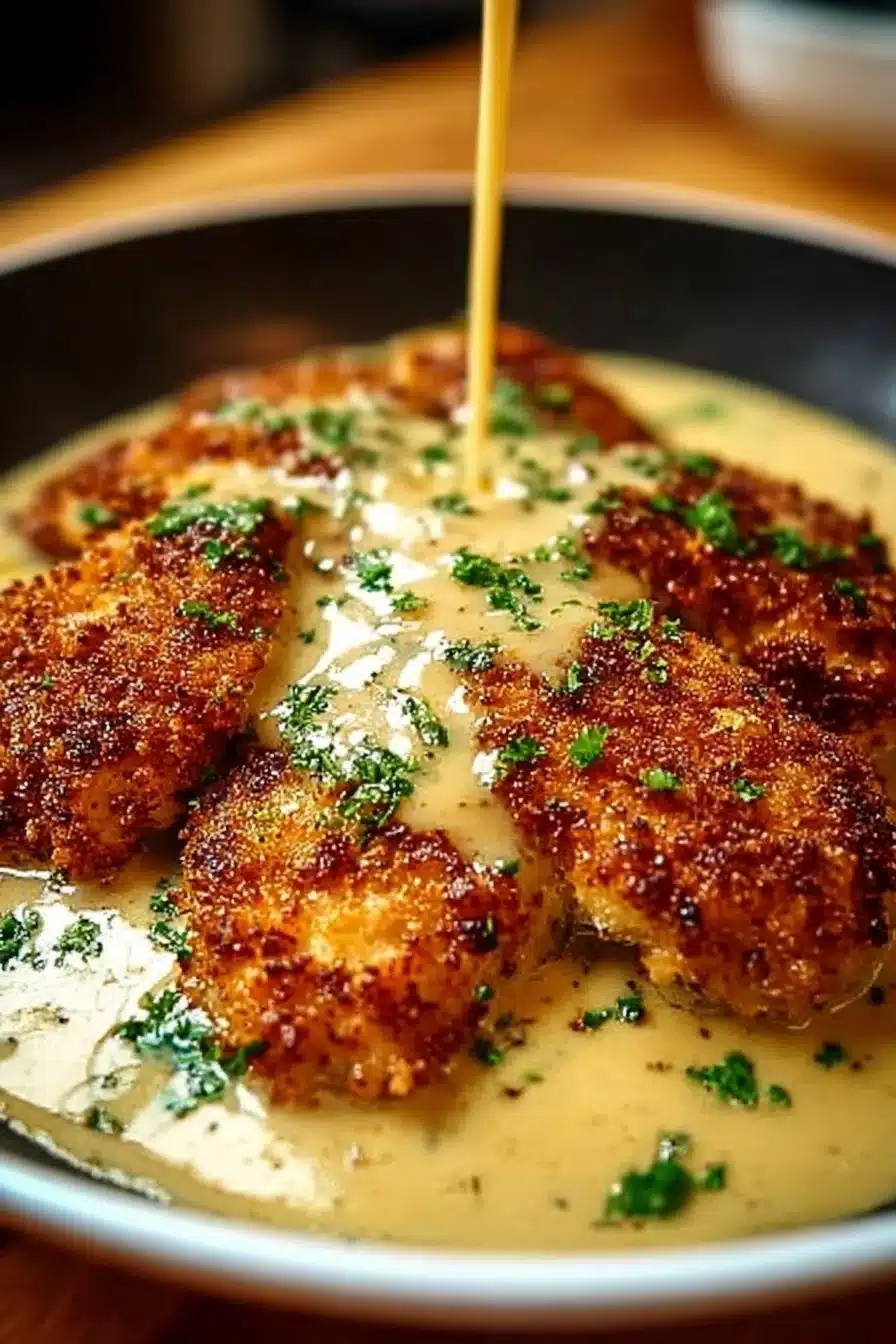 Crispy Parmesan chicken served with rich garlic sauce on a plate