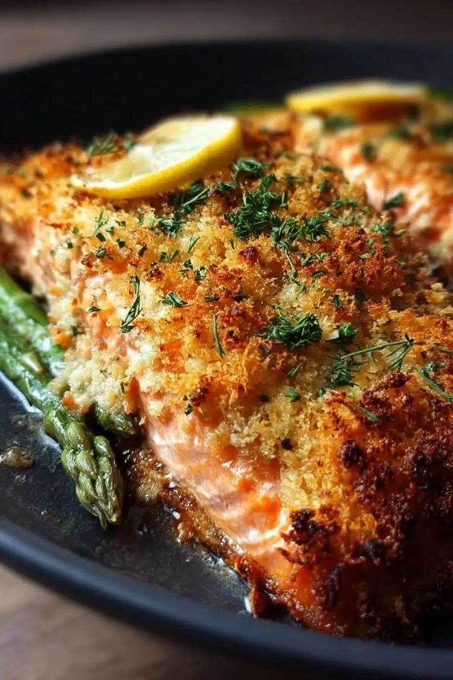 Crispy Parmesan Salmon Bake with fresh herbs and lemon slices on a plate