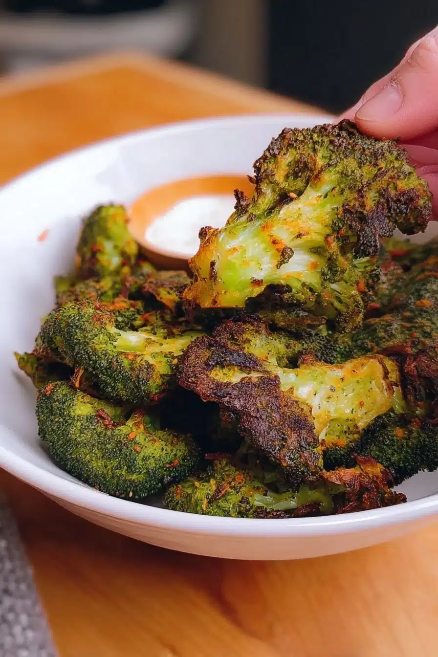 Bowl of crispy smashed broccoli chips ready for a healthy snack.