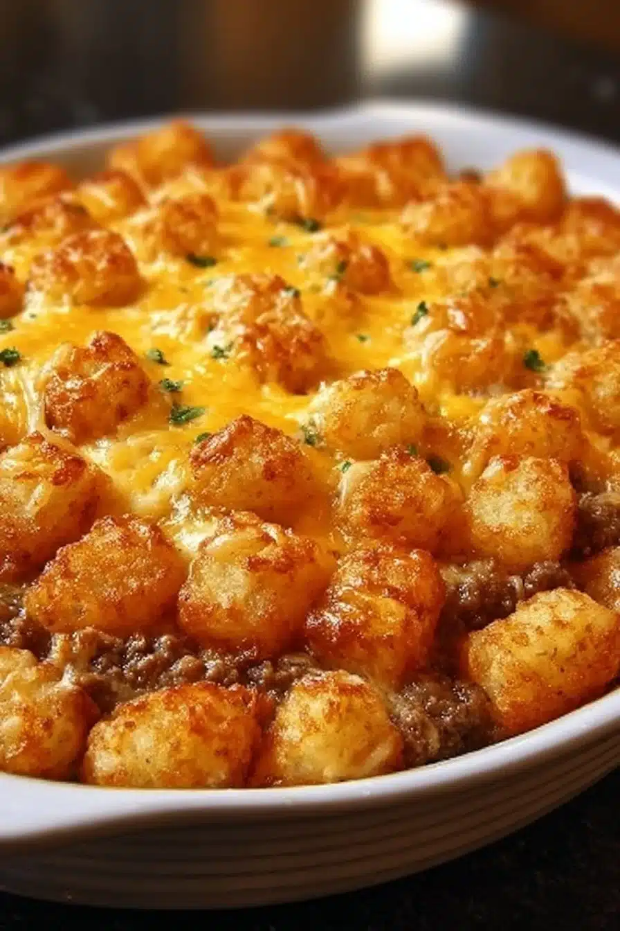 Crispy tater tot casserole with melted cheese and ground beef in a baking dish