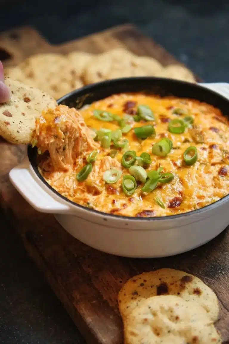 Crockpot Buffalo Chicken Dip with tortilla chips ready to serve