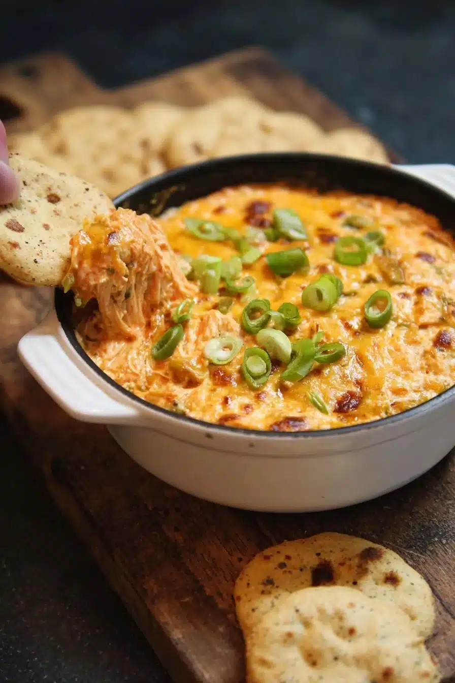 Crockpot Buffalo Chicken Dip with tortilla chips ready to serve