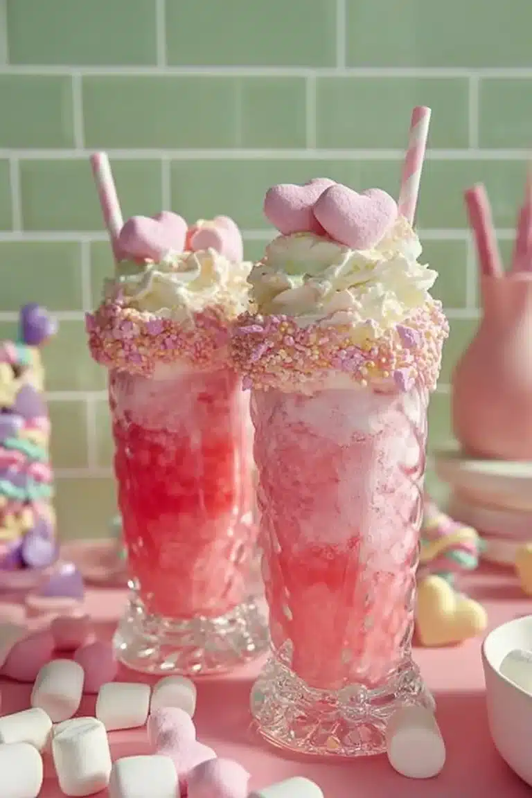 Cupid's Potion Float drink garnished with heart-shaped sprinkles and cherries.