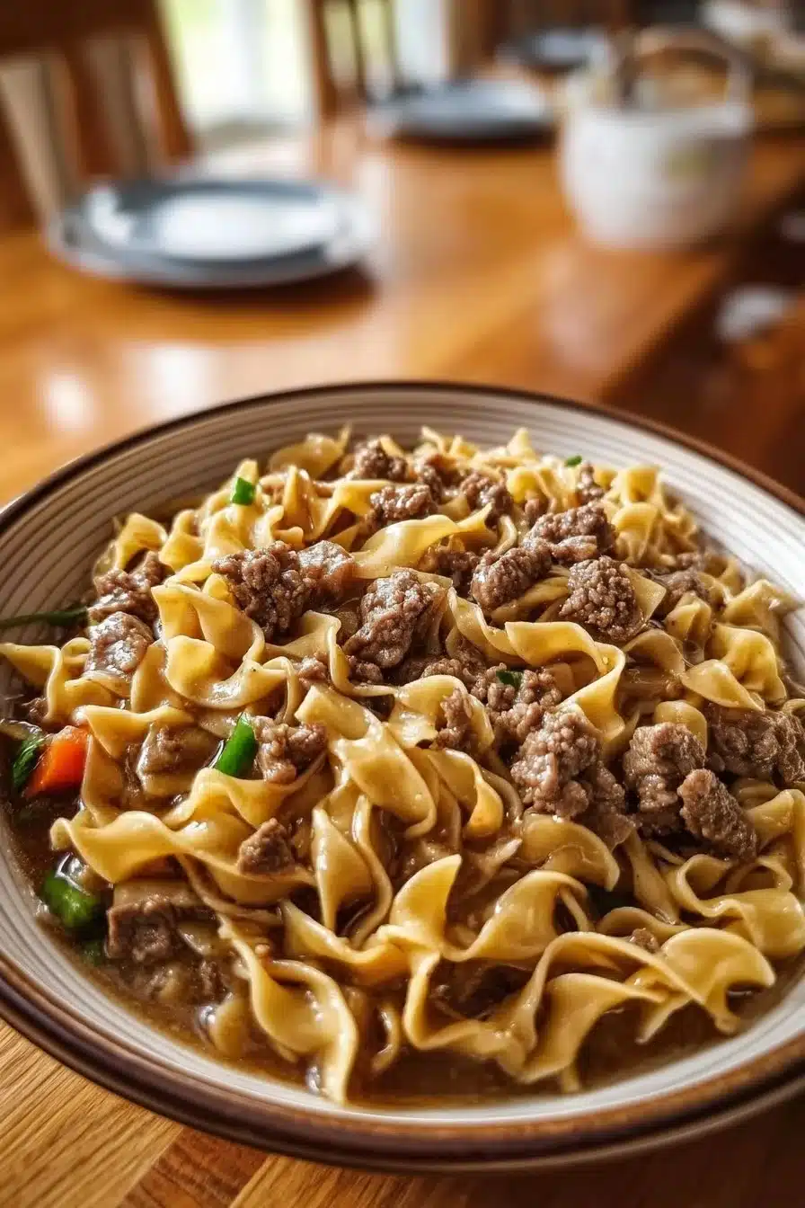 Delicious plate of easy beef and noodles with vegetables