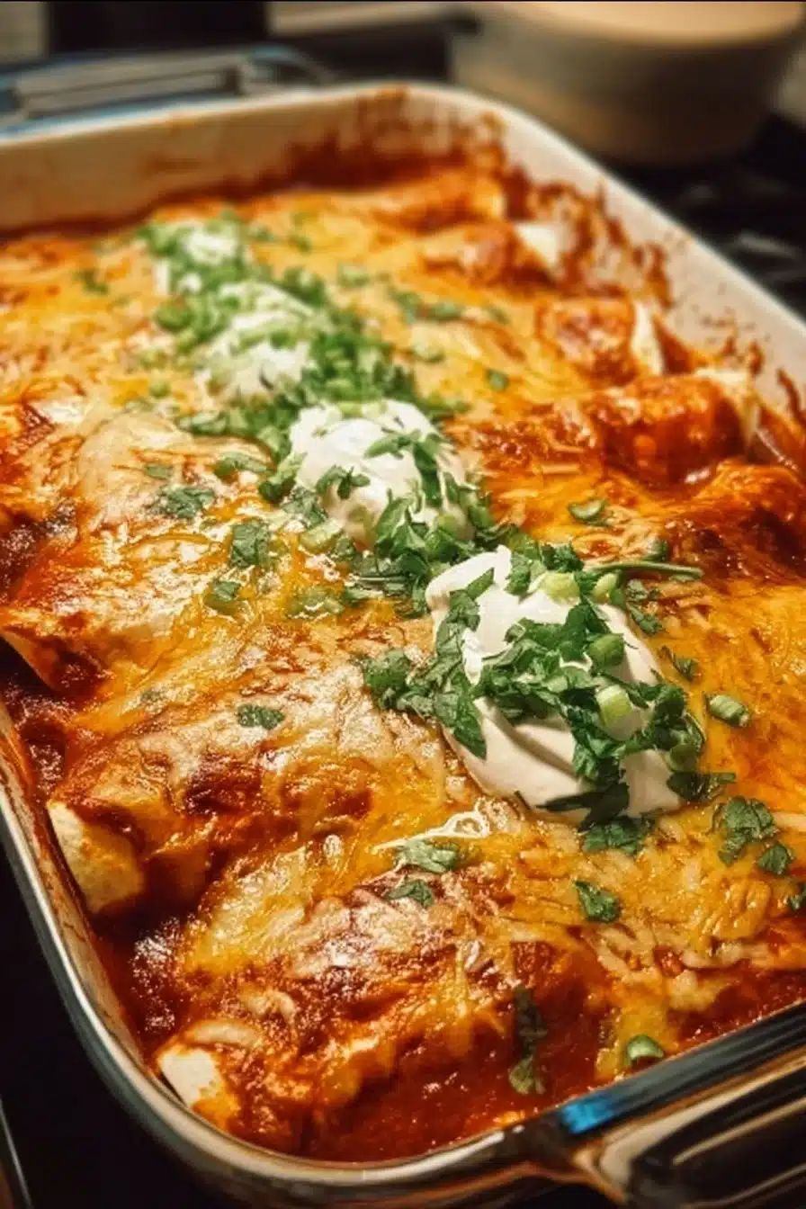 Plate of easy chicken enchiladas topped with green sauce and cheese