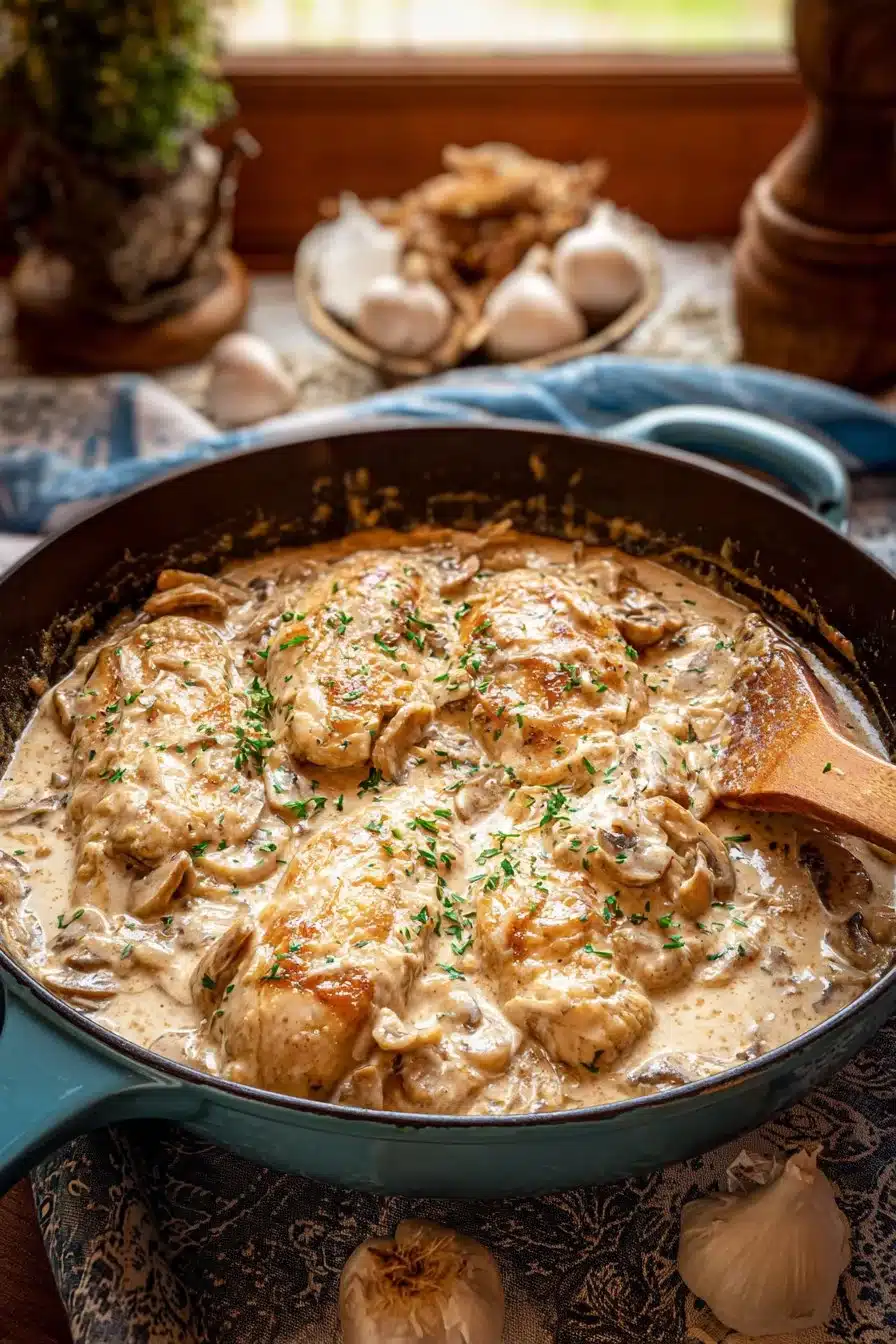 Delicious easy cream cheese chicken on a plate, garnished with herbs.