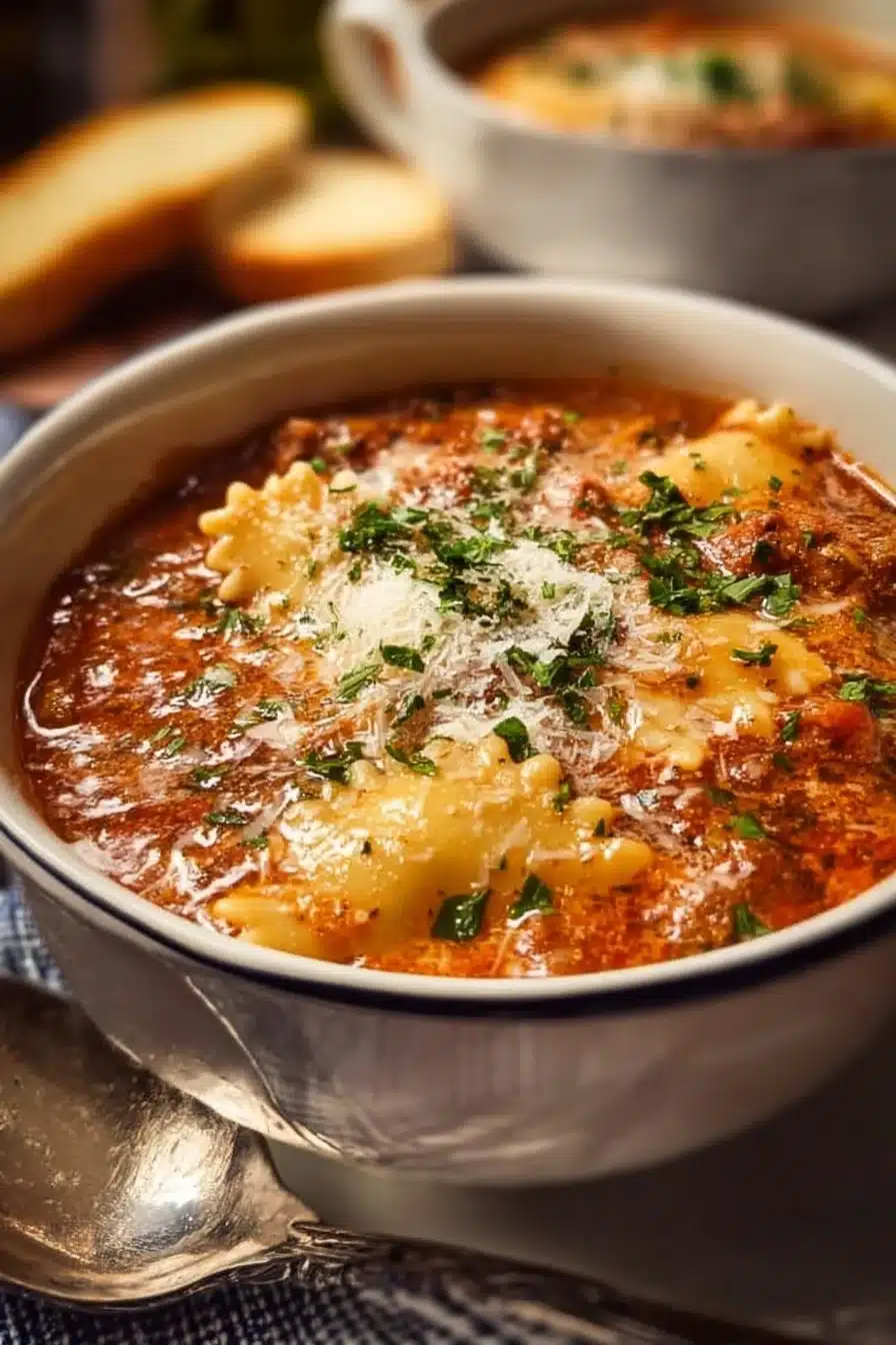 Bowl of easy creamy lasagna soup topped with cheese and herbs