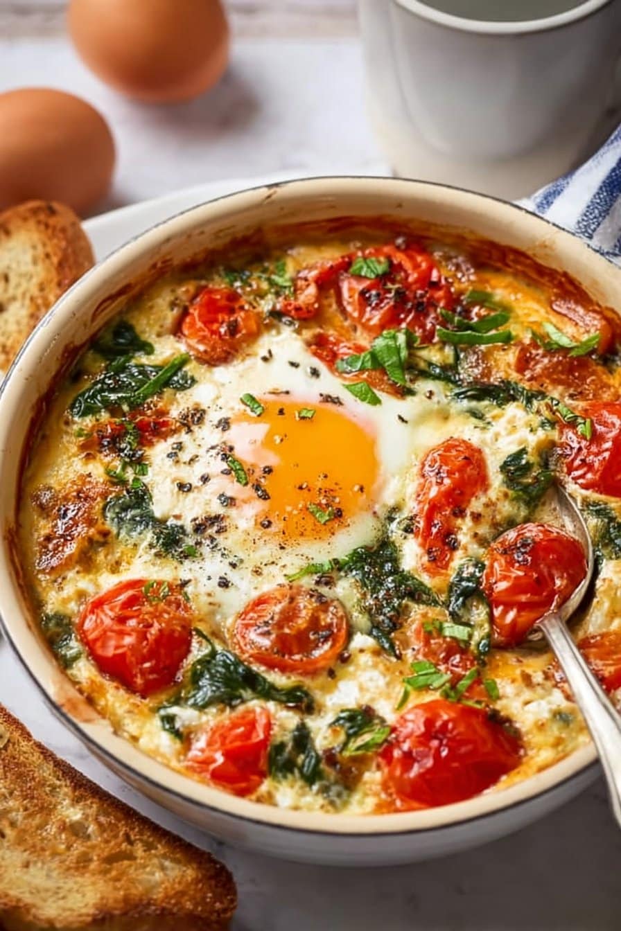Baked Feta Eggs with Tomatoes and Spinach
