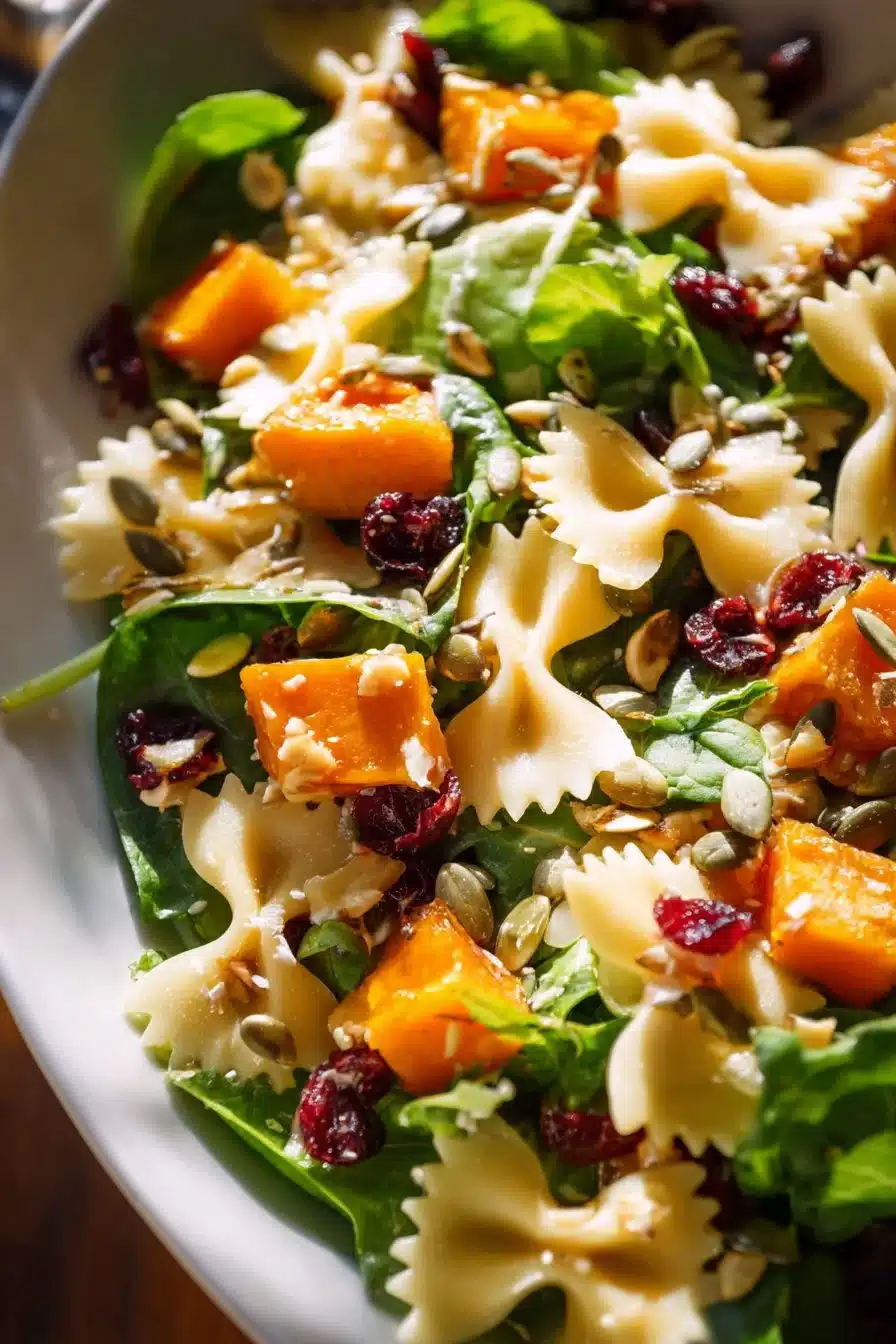 Colorful fall salad featuring roasted butternut squash and fresh ingredients.