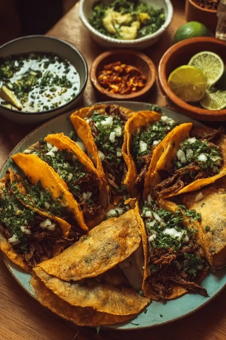 A plate of favorite Birria Tacos served with broth and fresh cilantro.