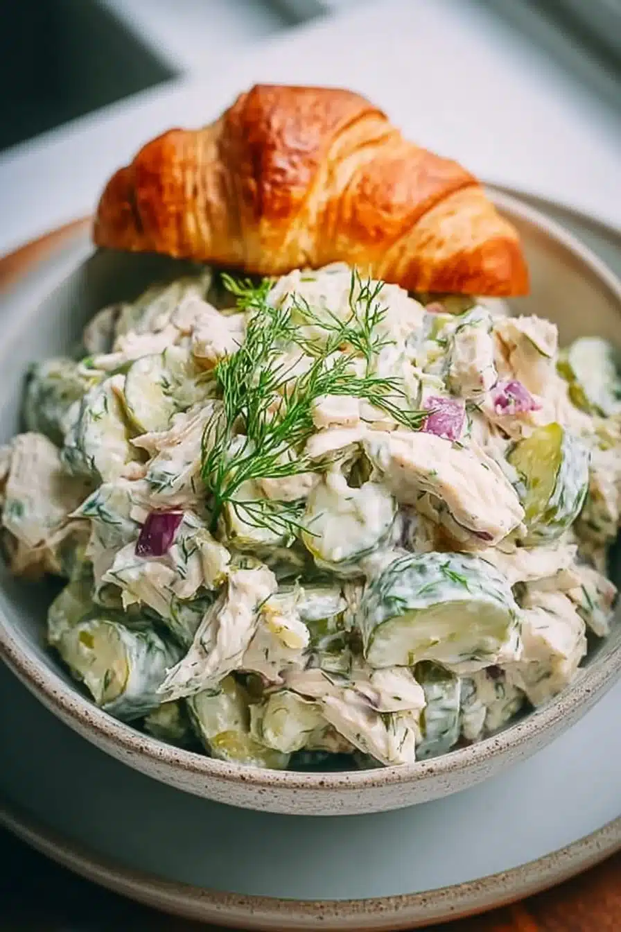 Delicious dill pickle chicken salad in a bowl with garnishes