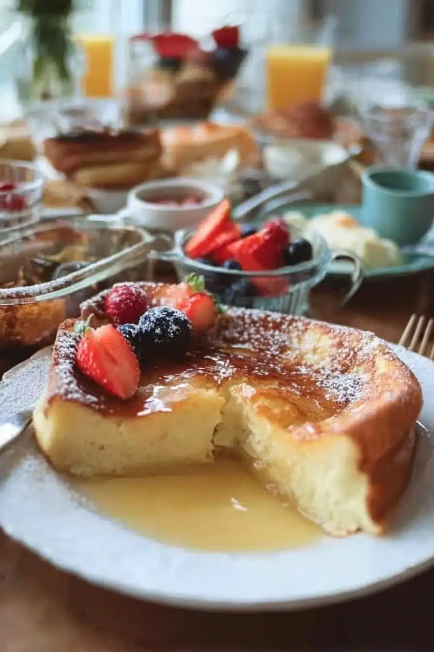 Delicious fluffy German pancakes topped with syrup and fruit