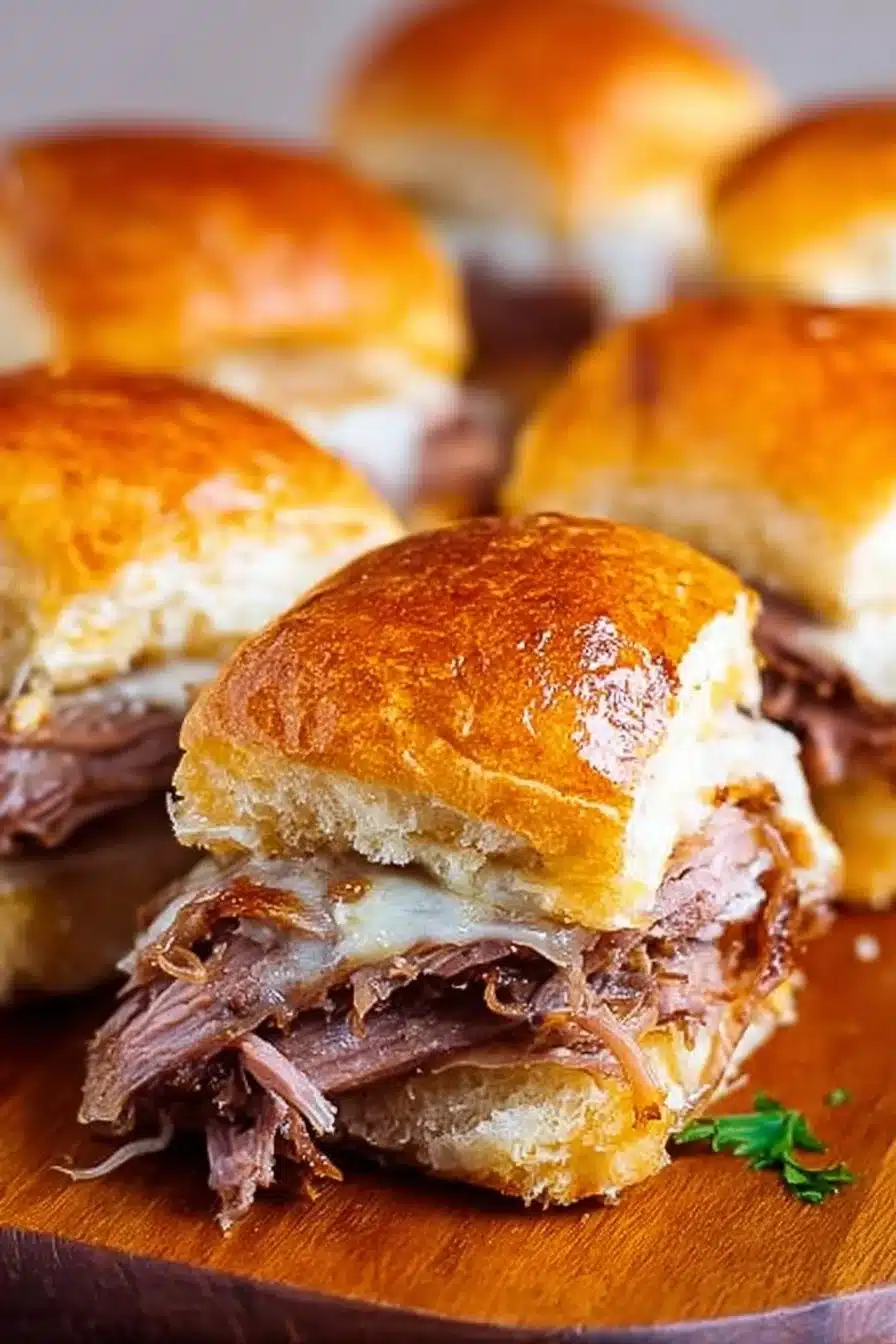 French Dip Sliders served with au jus for dipping