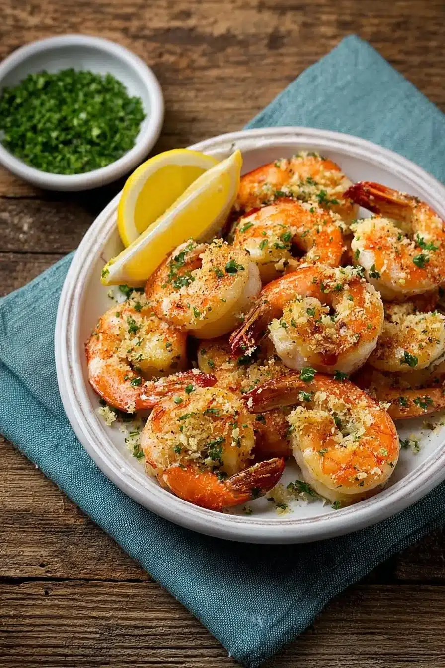 Delicious Garlic Parmesan Roasted Shrimp garnished with herbs.