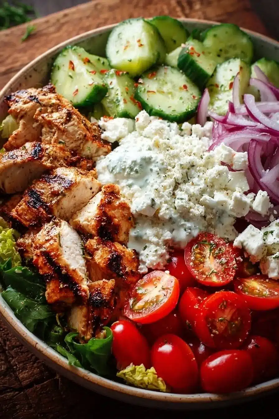 Delicious Greek Chicken Bowl with fresh vegetables and tzatziki sauce